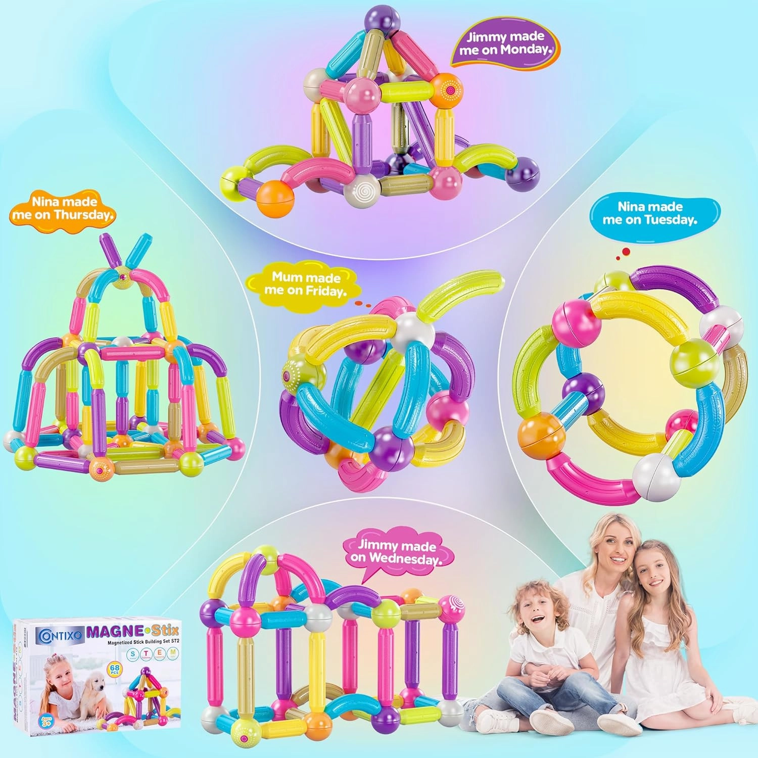 Contixo ST2 Kids Magnetic Stix Stick 68 PCs 3D Building Blocks STEM Construction Playboards Creativity, Imagination, Recreational, Educational for Children Toddler, 3  Year Old Boys and Girls