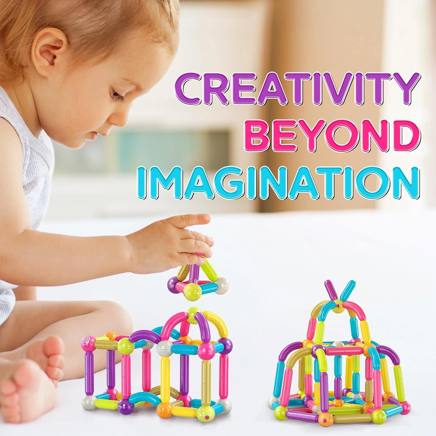Contixo ST2 Kids Magnetic Stix Stick 68 PCs 3D Building Blocks STEM Construction Playboards Creativity, Imagination, Recreational, Educational for Children Toddler, 3  Year Old Boys and Girls