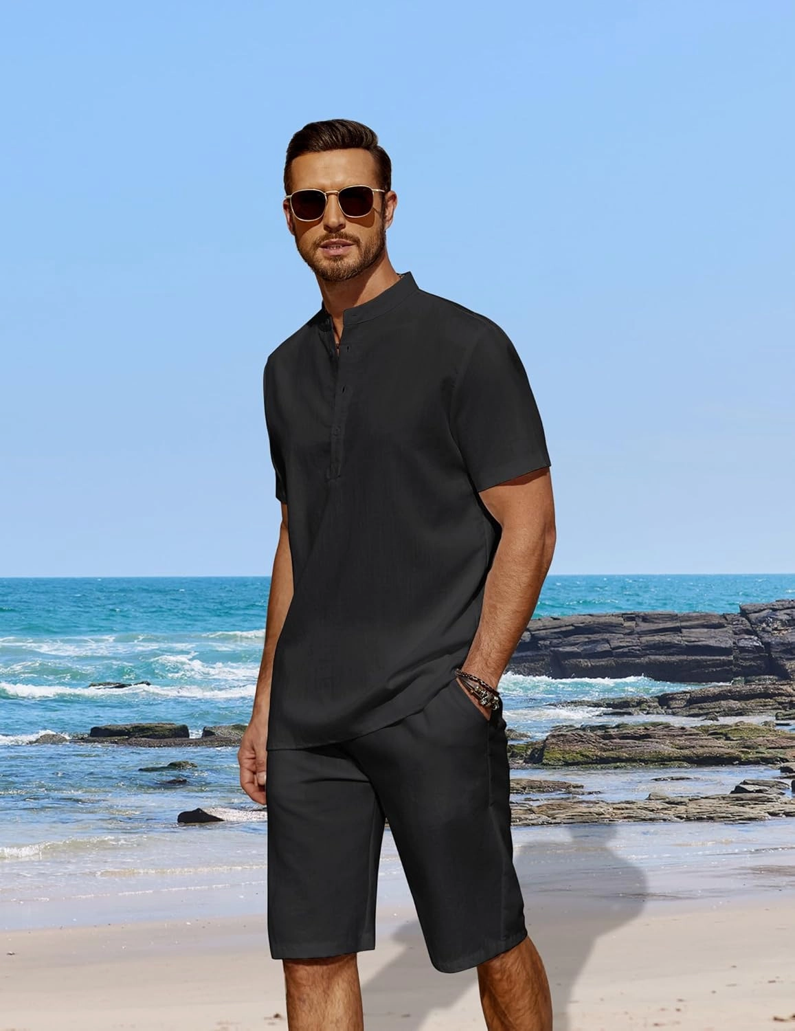 COOFANDY Men's 2 Pieces Linen Set Casual Henley Shirts Short Sleeve Beach Yoga Shorts Summer Pants Outfits