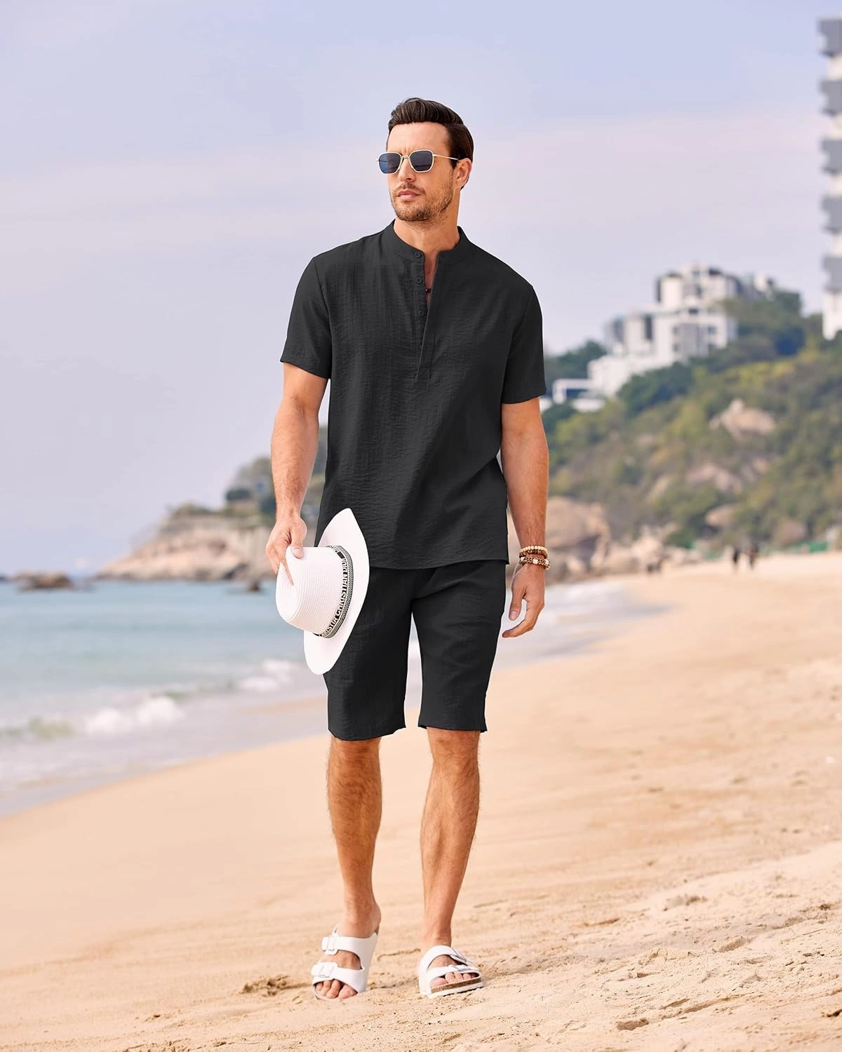 COOFANDY Men's 2 Pieces Linen Set Casual Henley Shirts Short Sleeve Beach Yoga Shorts Summer Pants Outfits
