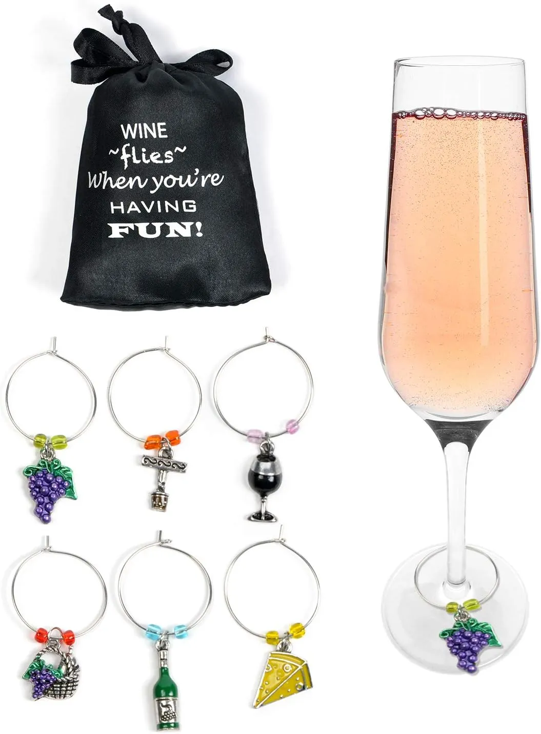 Cork & Leaf Wine Glass Charms, Drink Markers - Set of 6 with Sateen Storage Bag