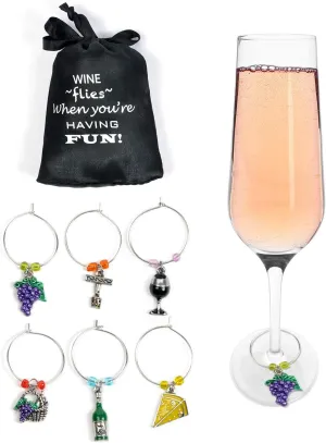 Cork & Leaf Wine Glass Charms, Drink Markers - Set of 6 with Sateen Storage Bag