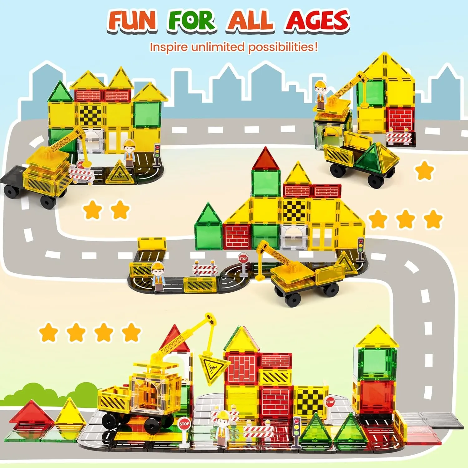 cossy Magnetic Tiles Road Set, Magnetiles with Mobile Crane, Magnetic Tiles for Kids Ages 4-8, STEM Toys, Magnet Blocks for Boys and Girls, Creative Building Toys, Engineering