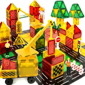 cossy Magnetic Tiles Road Set, Magnetiles with Mobile Crane, Magnetic Tiles for Kids Ages 4-8, STEM Toys, Magnet Blocks for Boys and Girls, Creative Building Toys, Engineering
