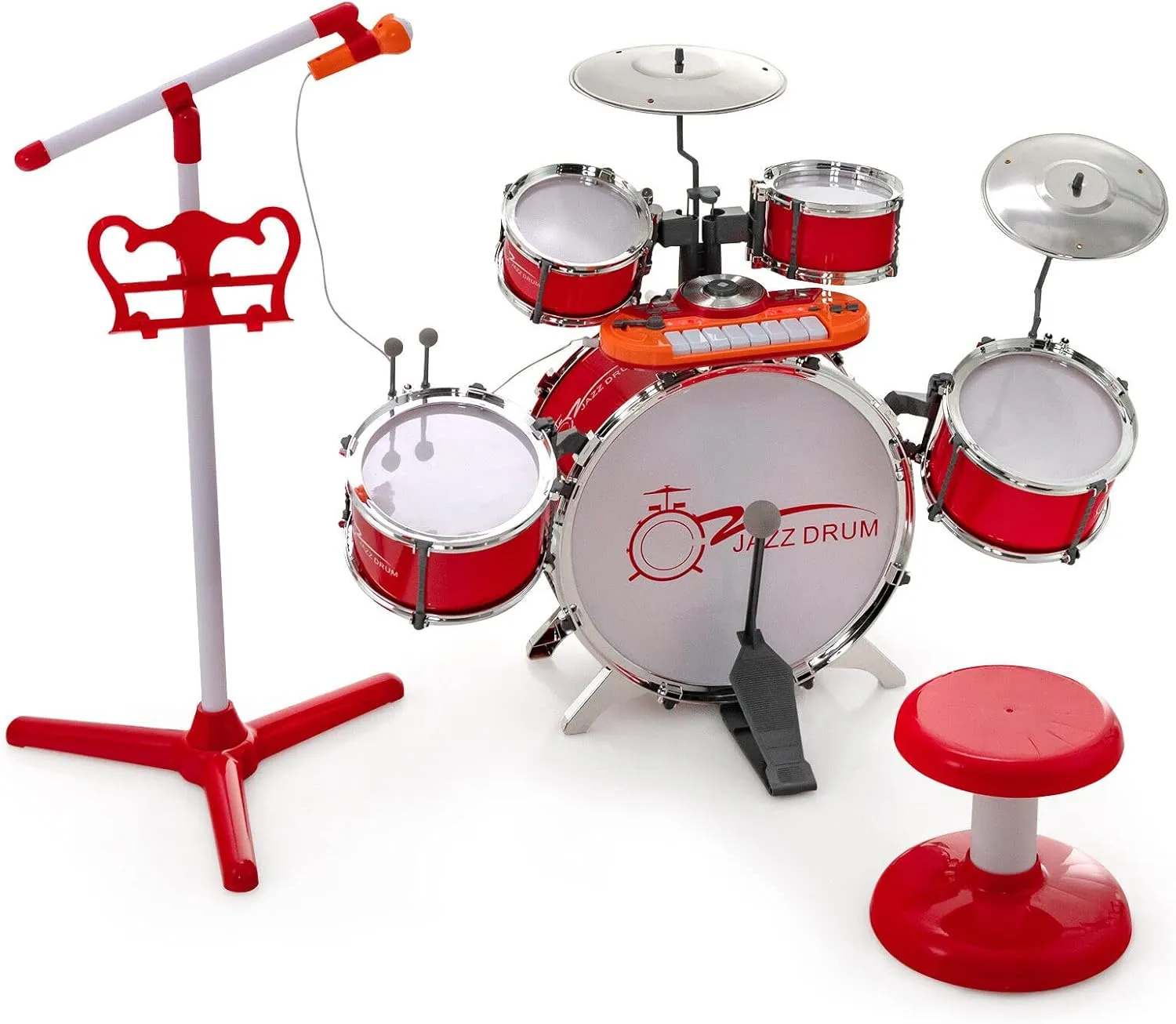 Costzon Kids Drum Keyboard Set with Stool & Microphone Stand, Jazz Drum Set with Cymbal, Multifunctional Digital Keyboard, DJ Kit, Music Stand, Percussion Instrument Toy for 3  Boys & Girls (Red)