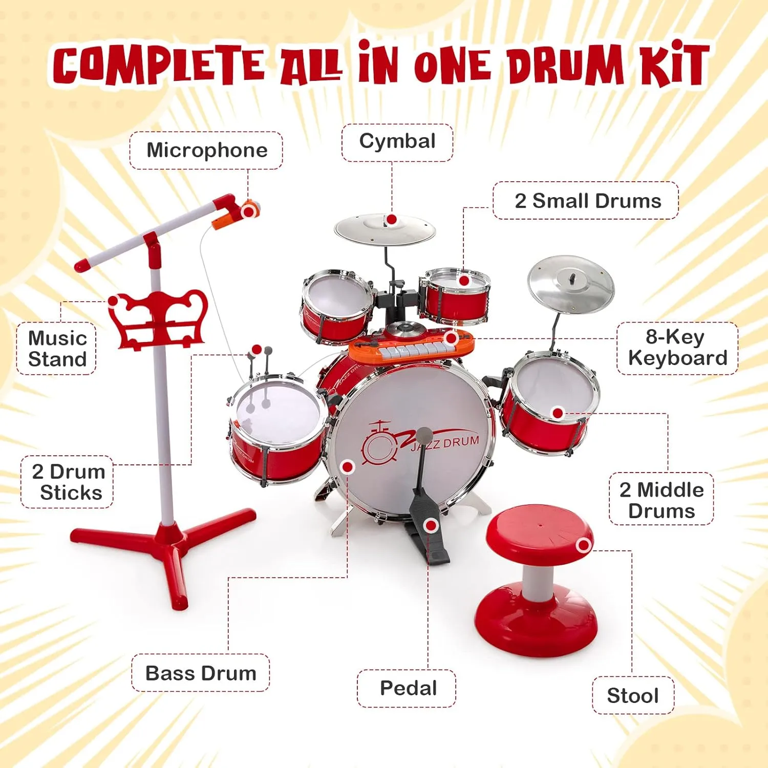 Costzon Kids Drum Keyboard Set with Stool & Microphone Stand, Jazz Drum Set with Cymbal, Multifunctional Digital Keyboard, DJ Kit, Music Stand, Percussion Instrument Toy for 3  Boys & Girls (Red)