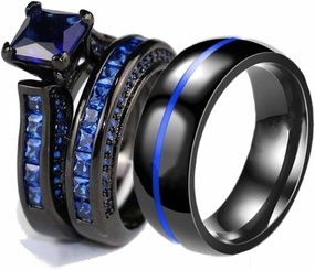 Couple Rings Black Bridal Sets His and Hers 925 Sterling Silver 10K 14K 18K Solid Gold Square Blue Sapphire Engagement Band Womens and Mens Ring