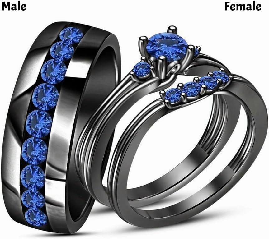 Couple Rings Bridal Sets His and Hers Sapphire Gemstone 10K 14K 18K Solid Gold Wedding Engagement Band Couple Set Womens and Mens Ring
