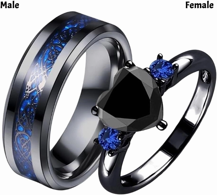 Couple Rings Bridal Sets His and Hers Sapphire Gemstone 10K 14K 18K Solid Gold Wedding Engagement Band Couple Set Womens and Mens Ring Size 4-16