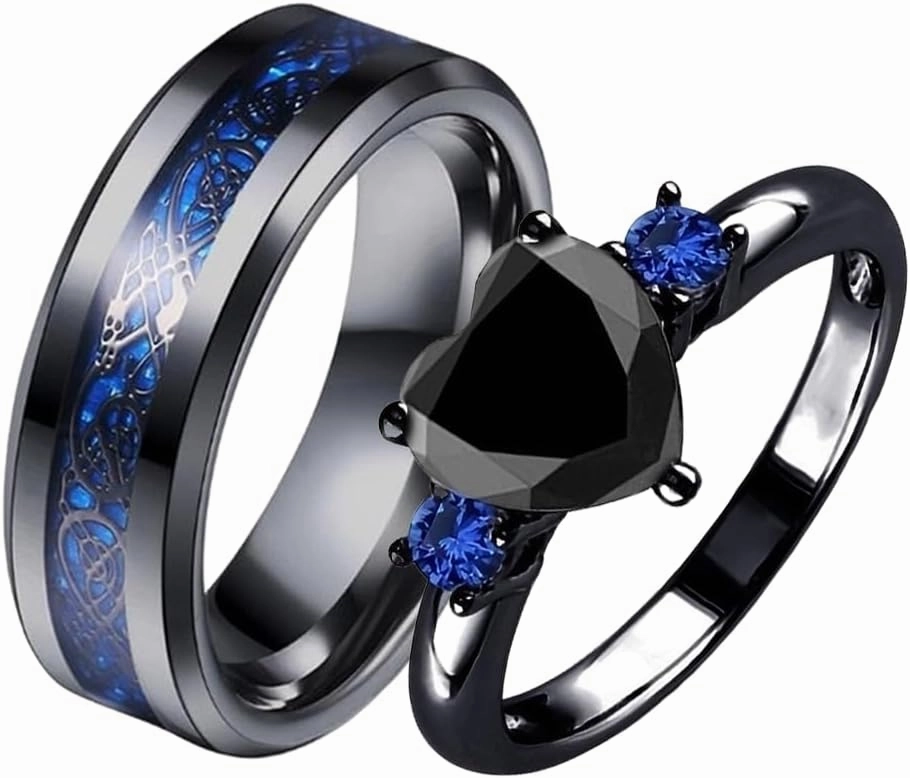 Couple Rings Bridal Sets His and Hers Sapphire Gemstone 10K 14K 18K Solid Gold Wedding Engagement Band Couple Set Womens and Mens Ring Size 4-16