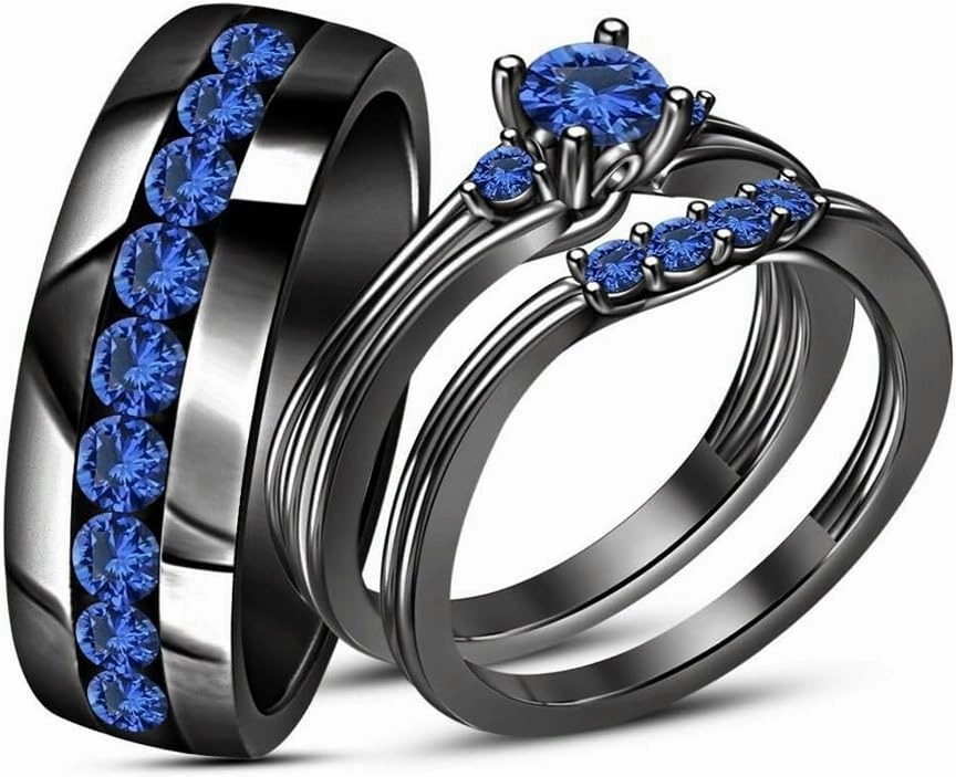 Couple Rings Bridal Sets His and Hers Sapphire Gemstone 10K 14K 18K Solid Gold Wedding Engagement Band Couple Set Womens and Mens Ring