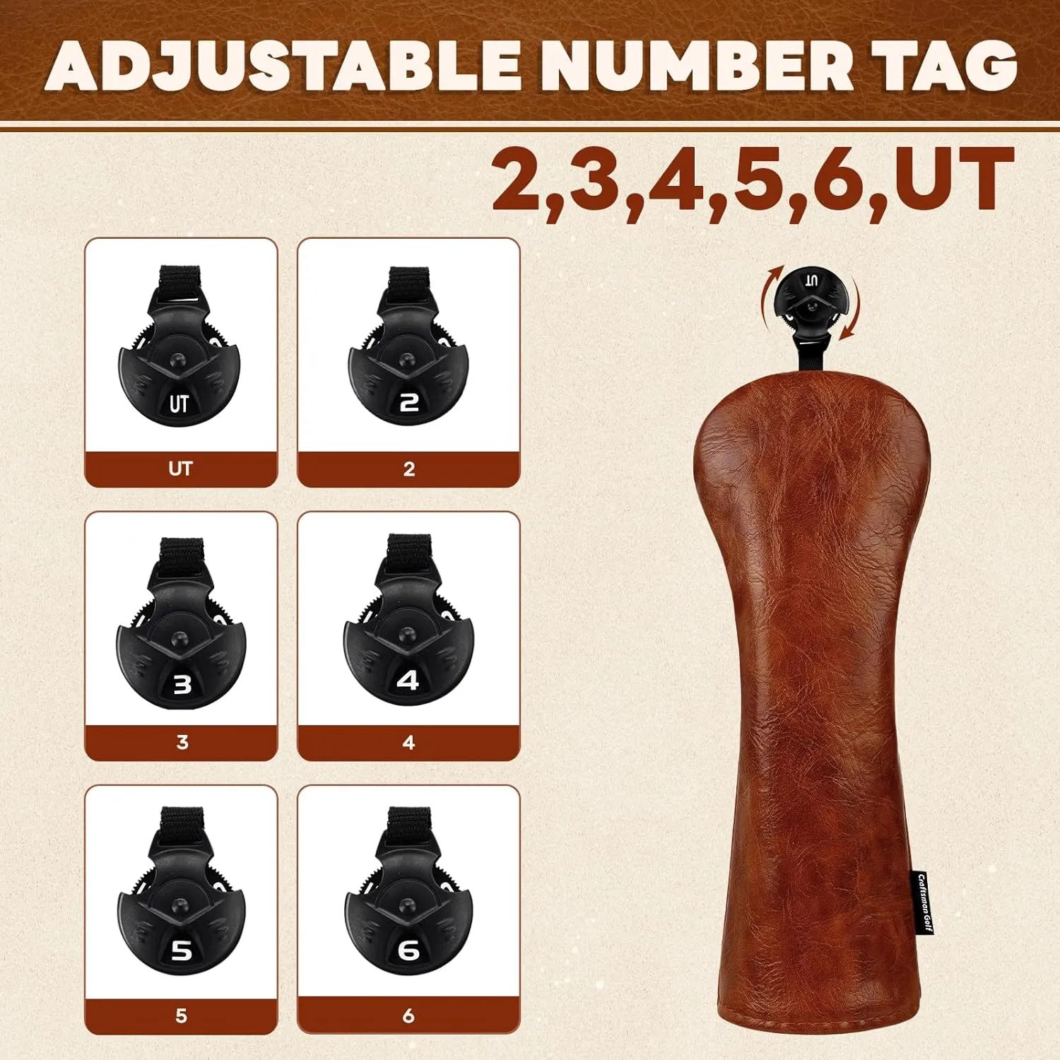 Craftsman Golf Premium Leather Brown Blade Mallet Putter Cover Driver Fairway Wood Headcover Cover Magnetic Closure