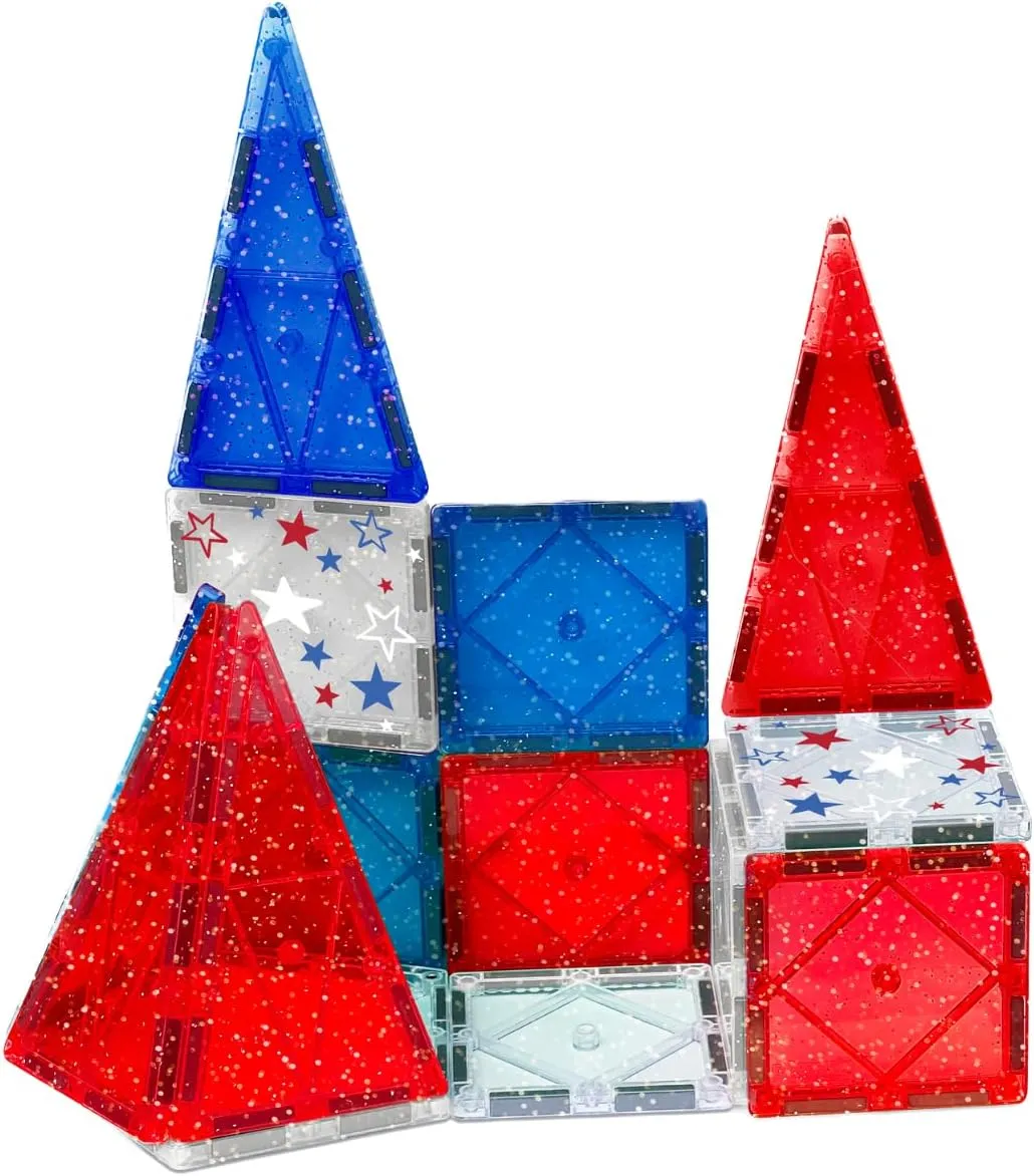 CreateOn Crayola Red, White & Blue Magnetic Tiles 14pc, Building Set for Kids, Magnetic Toy, Travel Toys, Classroom Sensory Toy Blocks, STEM & Montessori Tools for Boys & Girls Ages 3 , 14-Piece Set