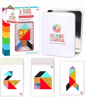Creative Kids Sense & Grow Tangram Puzzles - Magnetic Pattern Blocks - 48 Patterns and 7 Textured Geometric Shapes with Metal Tin - Puzzle Games Educational Montessori STEM Toys Gift