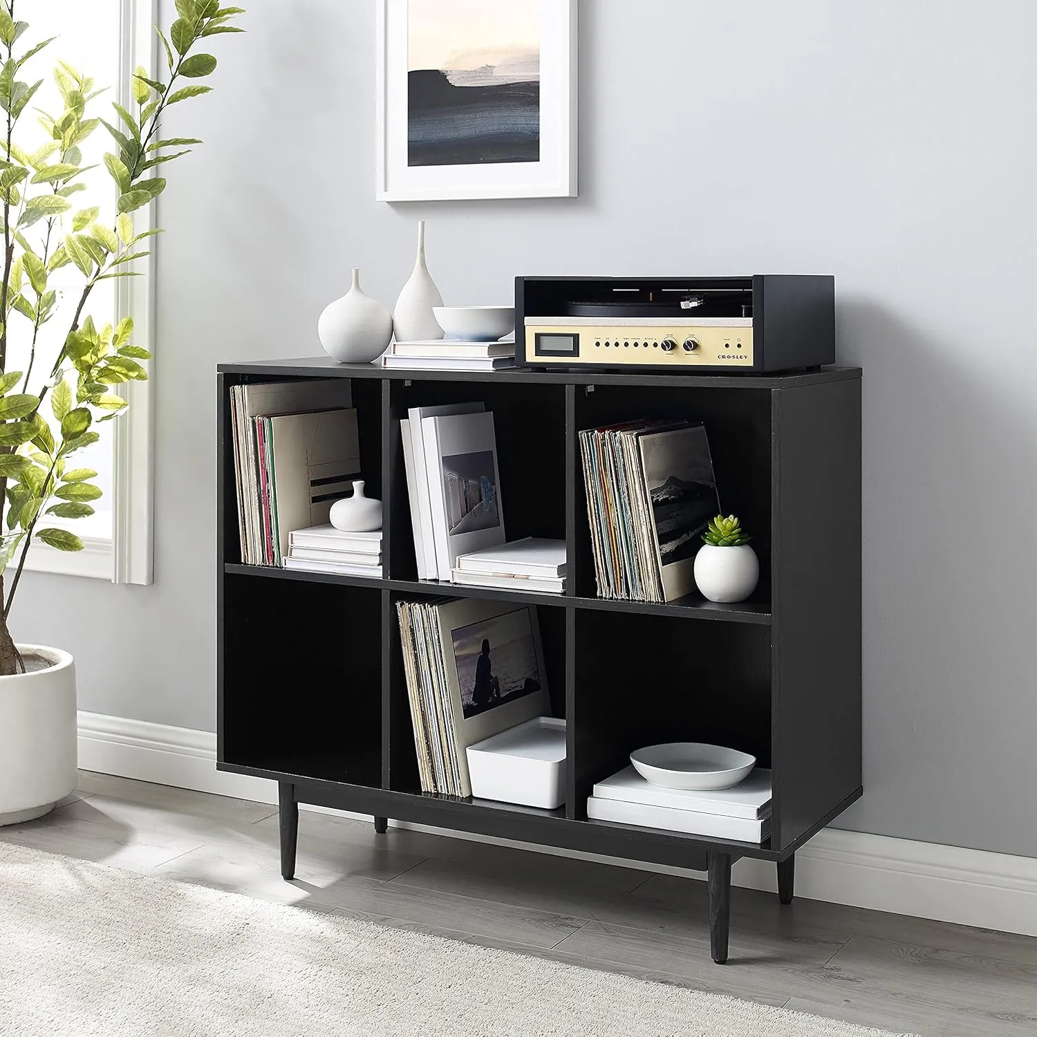 Crosley Furniture Liam Record Storage Cube Bookcase with 6 Cubes, Vinyl Record Holder and Bookshelf, Black