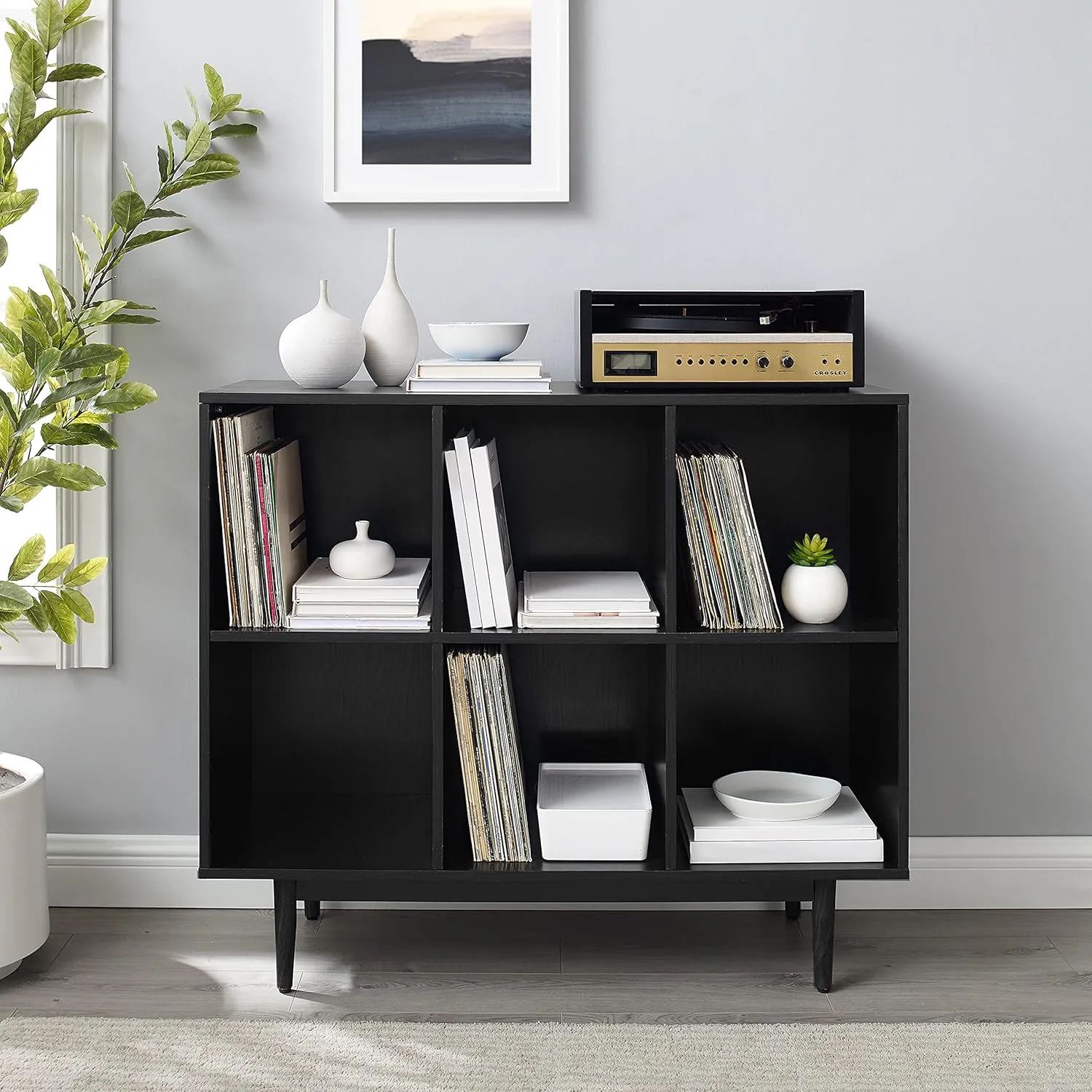 Crosley Furniture Liam Record Storage Cube Bookcase with 6 Cubes, Vinyl Record Holder and Bookshelf, Black