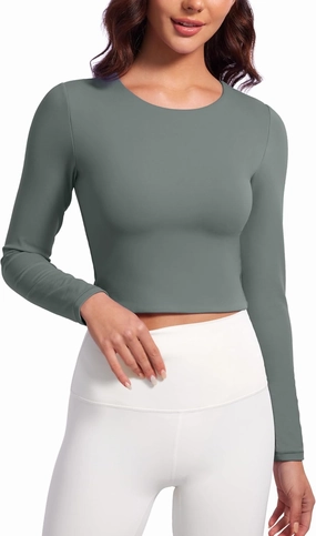 CRZ YOGA Butterluxe Double Lined Long Sleeve Workout Tops for Women Crew Neck Fitted Crop Tshirts Casual Tight Basic Shirts