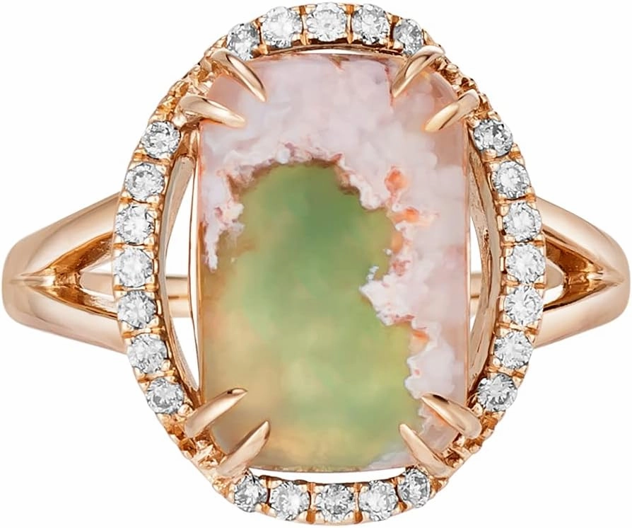 Cushion Shaped Green Aquaprase Cabochon with White Topaz Split Shank Oval Halo Ring for Women in 925 Sterling Silver with 14k Rose Gold Plating Anniversary Ring Size 5 to 10 by LeVian