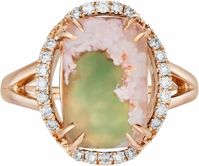 Cushion Shaped Green Aquaprase Cabochon with White Topaz Split Shank Oval Halo Ring for Women in 925 Sterling Silver with 14k Rose Gold Plating Anniversary Ring Size 5 to 10 by LeVian