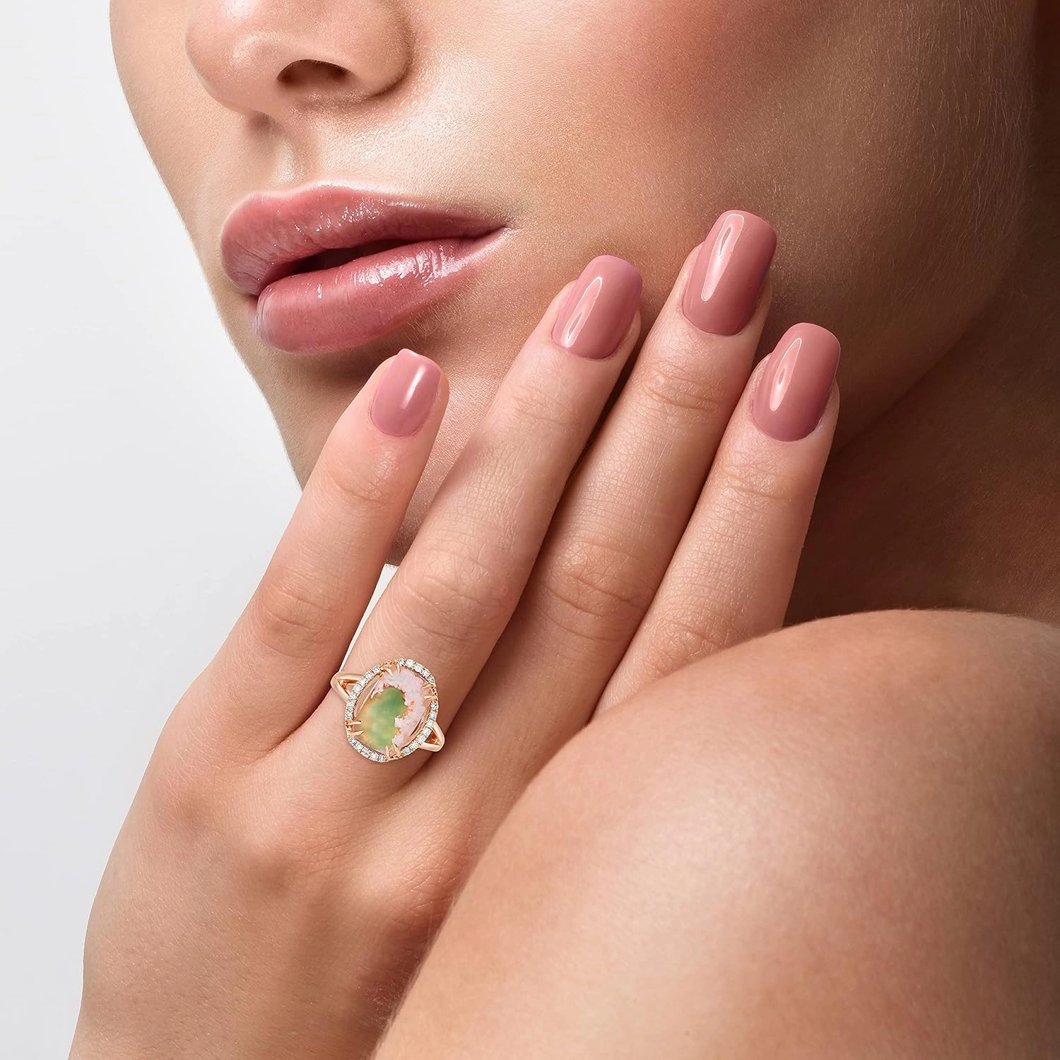 Cushion Shaped Green Aquaprase Cabochon with White Topaz Split Shank Oval Halo Ring for Women in 925 Sterling Silver with 14k Rose Gold Plating Anniversary Ring Size 5 to 10 by LeVian