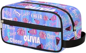 Custom Cheerleading Makeup Toiletry Bag, Personalized Travel Cosmetic Organizer Case Portable Bag with Zipper, Painted Blue Pink Watercolor