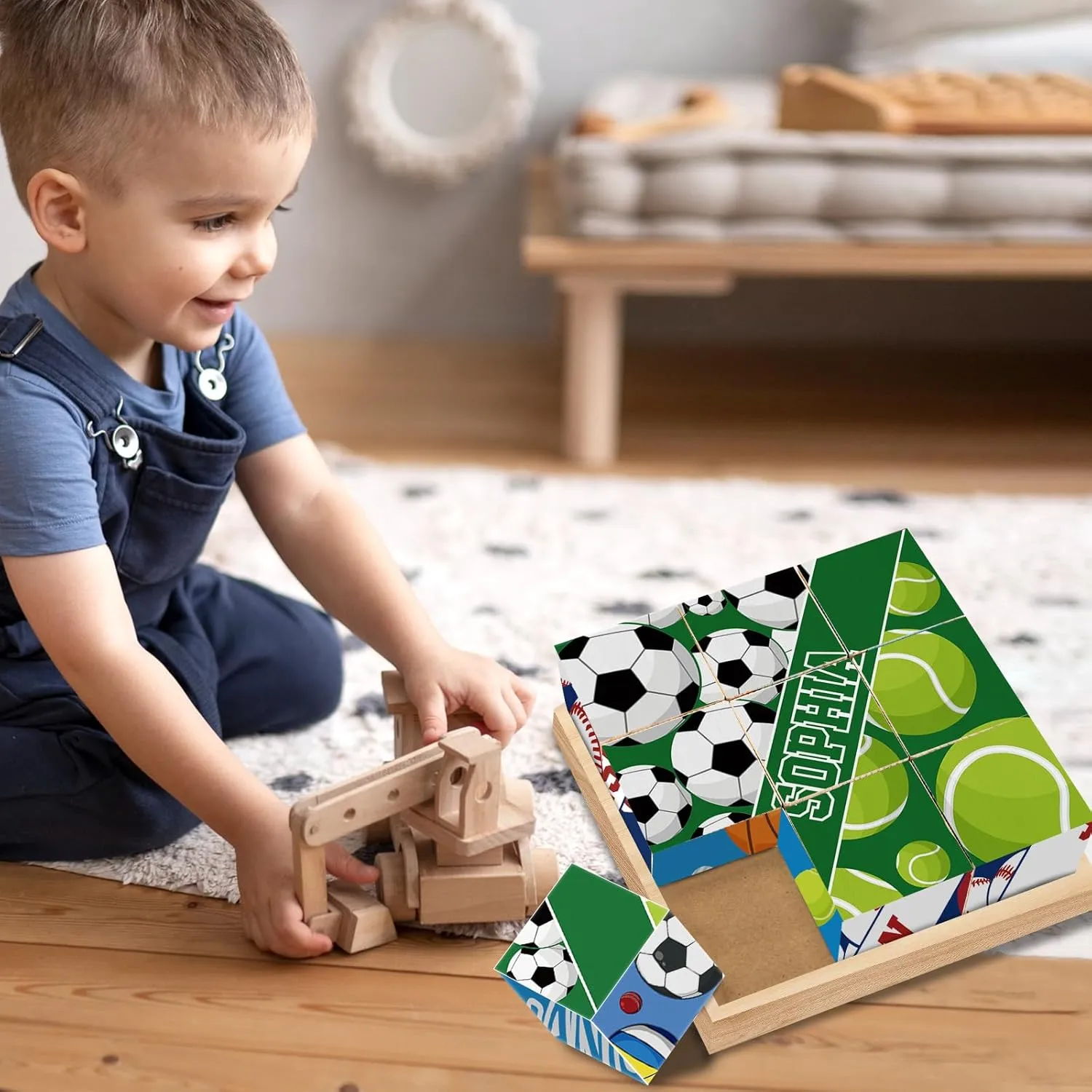Custom Name Wooden Cube Ball Sports Puzzles for Preschool Boys Girls Personalized 6 Puzzles in 1 Balls Puzzle for Kindergarten Kids 9 PCS Puzzle with Storage Tray