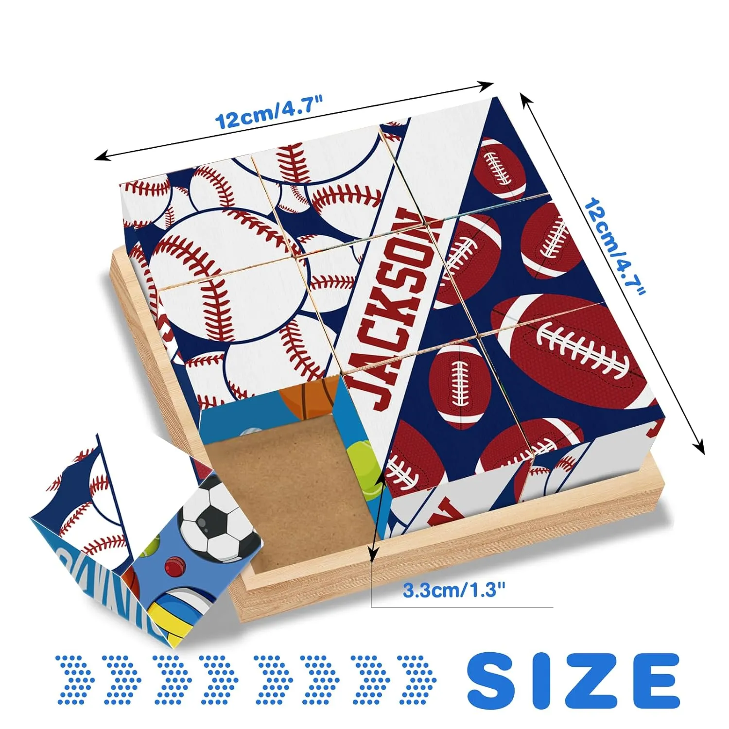 Custom Name Wooden Cube Ball Sports Puzzles for Preschool Boys Girls Personalized 6 Puzzles in 1 Balls Puzzle for Kindergarten Kids 9 PCS Puzzle with Storage Tray