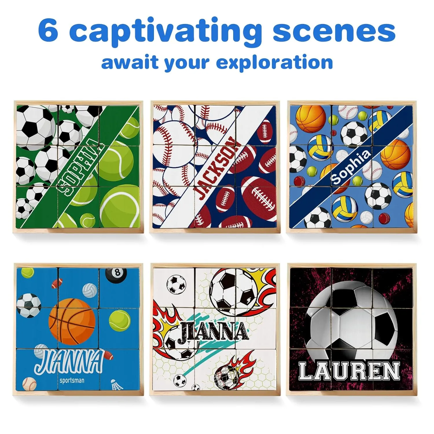 Custom Name Wooden Cube Ball Sports Puzzles for Preschool Boys Girls Personalized 6 Puzzles in 1 Balls Puzzle for Kindergarten Kids 9 PCS Puzzle with Storage Tray
