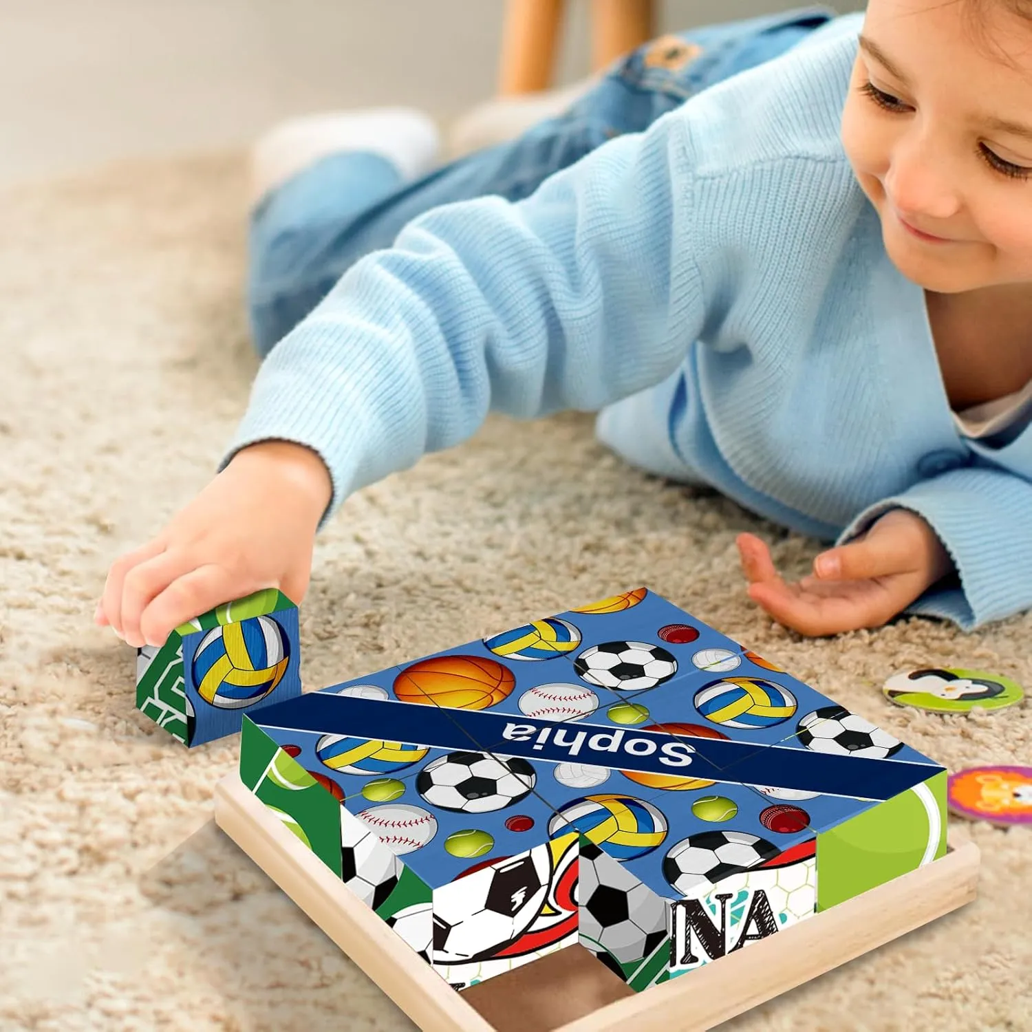 Custom Name Wooden Cube Ball Sports Puzzles for Preschool Boys Girls Personalized 6 Puzzles in 1 Balls Puzzle for Kindergarten Kids 9 PCS Puzzle with Storage Tray