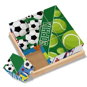 Custom Name Wooden Cube Ball Sports Puzzles for Preschool Boys Girls Personalized 6 Puzzles in 1 Balls Puzzle for Kindergarten Kids 9 PCS Puzzle with Storage Tray