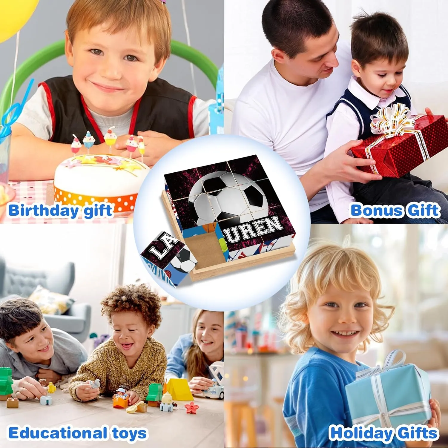 Custom Name Wooden Cube Ball Sports Puzzles for Preschool Boys Girls Personalized 6 Puzzles in 1 Balls Puzzle for Kindergarten Kids 9 PCS Puzzle with Storage Tray