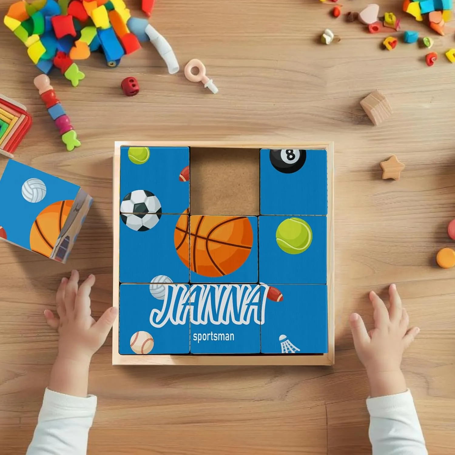 Custom Name Wooden Cube Ball Sports Puzzles for Preschool Boys Girls Personalized 6 Puzzles in 1 Balls Puzzle for Kindergarten Kids 9 PCS Puzzle with Storage Tray