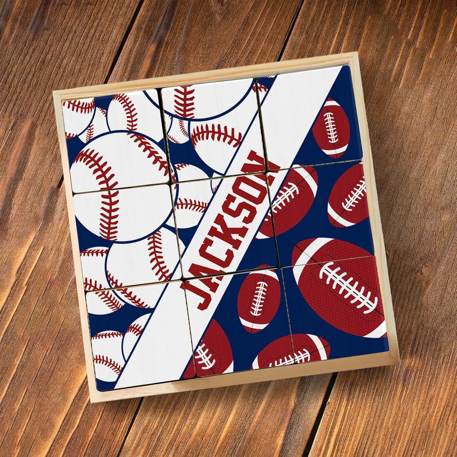 Custom Name Wooden Cube Ball Sports Puzzles for Preschool Boys Girls Personalized 6 Puzzles in 1 Balls Puzzle for Kindergarten Kids 9 PCS Puzzle with Storage Tray
