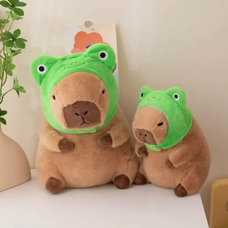 Cute Capybara Plush Toy with Frog Head Cover Filled Capybara Doll Pillow Warm Gift Kids Girls Boys 9 inches