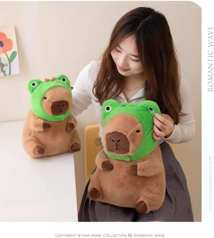Cute Capybara Plush Toy with Frog Head Cover Filled Capybara Doll Pillow Warm Gift Kids Girls Boys 9 inches