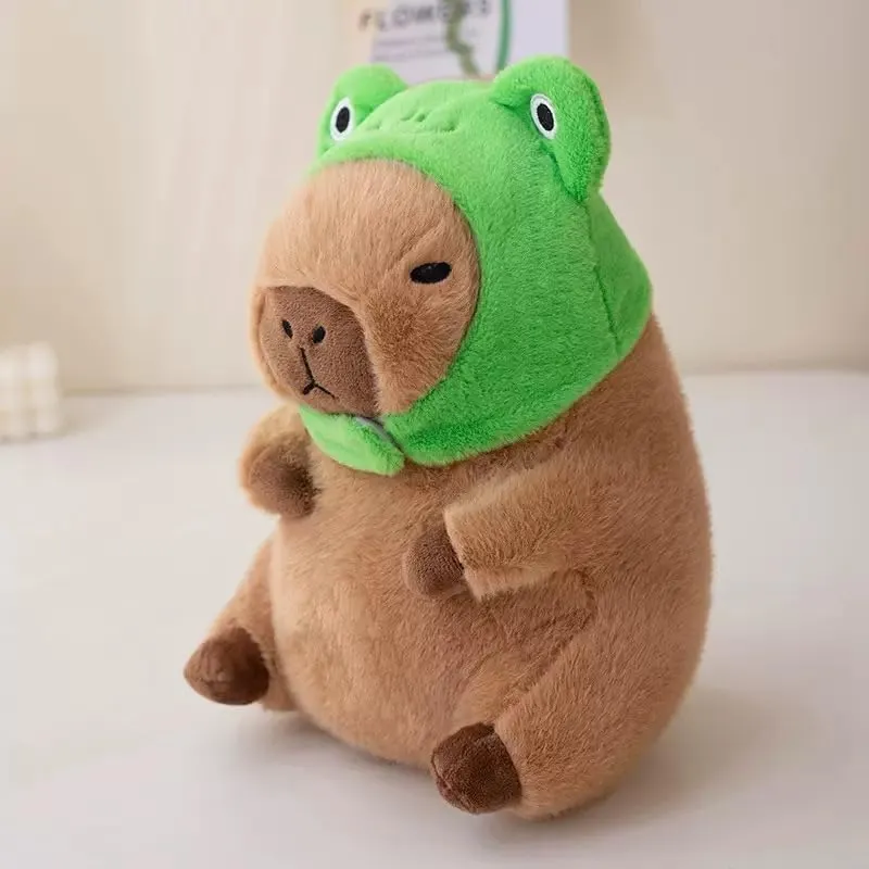 Cute Capybara Plush Toy with Frog Head Cover Filled Capybara Doll Pillow Warm Gift Kids Girls Boys 9 inches