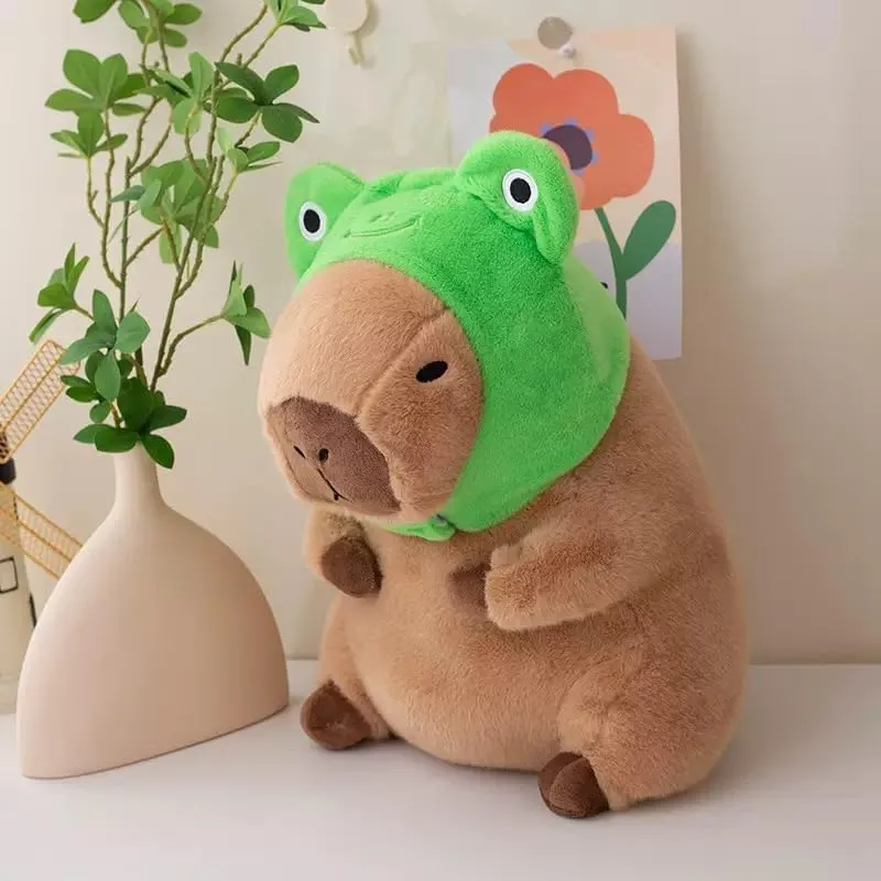 Cute Capybara Plush Toy with Frog Head Cover Filled Capybara Doll Pillow Warm Gift Kids Girls Boys 9 inches
