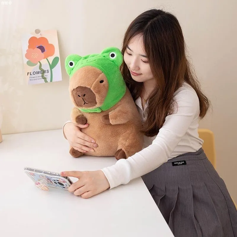 Cute Capybara Plush Toy with Frog Head Cover Filled Capybara Doll Pillow Warm Gift Kids Girls Boys 9 inches