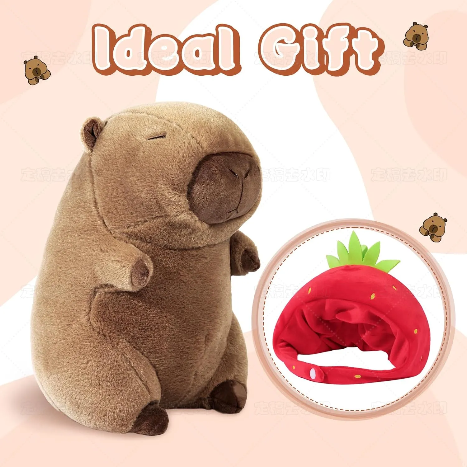Cute Capybara Plush with Strawberry Hat Soft Capybara Stuffed Animals Capybara Hugging Gifts Capybara Doll Pillow for Kids Girls Toys (Strawberry Capybara Brown 11.8 inch)