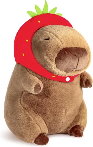 Cute Capybara Plush with Strawberry Hat Soft Capybara Stuffed Animals Capybara Hugging Gifts Capybara Doll Pillow for Kids Girls Toys (Strawberry Capybara Brown 11.8 inch)