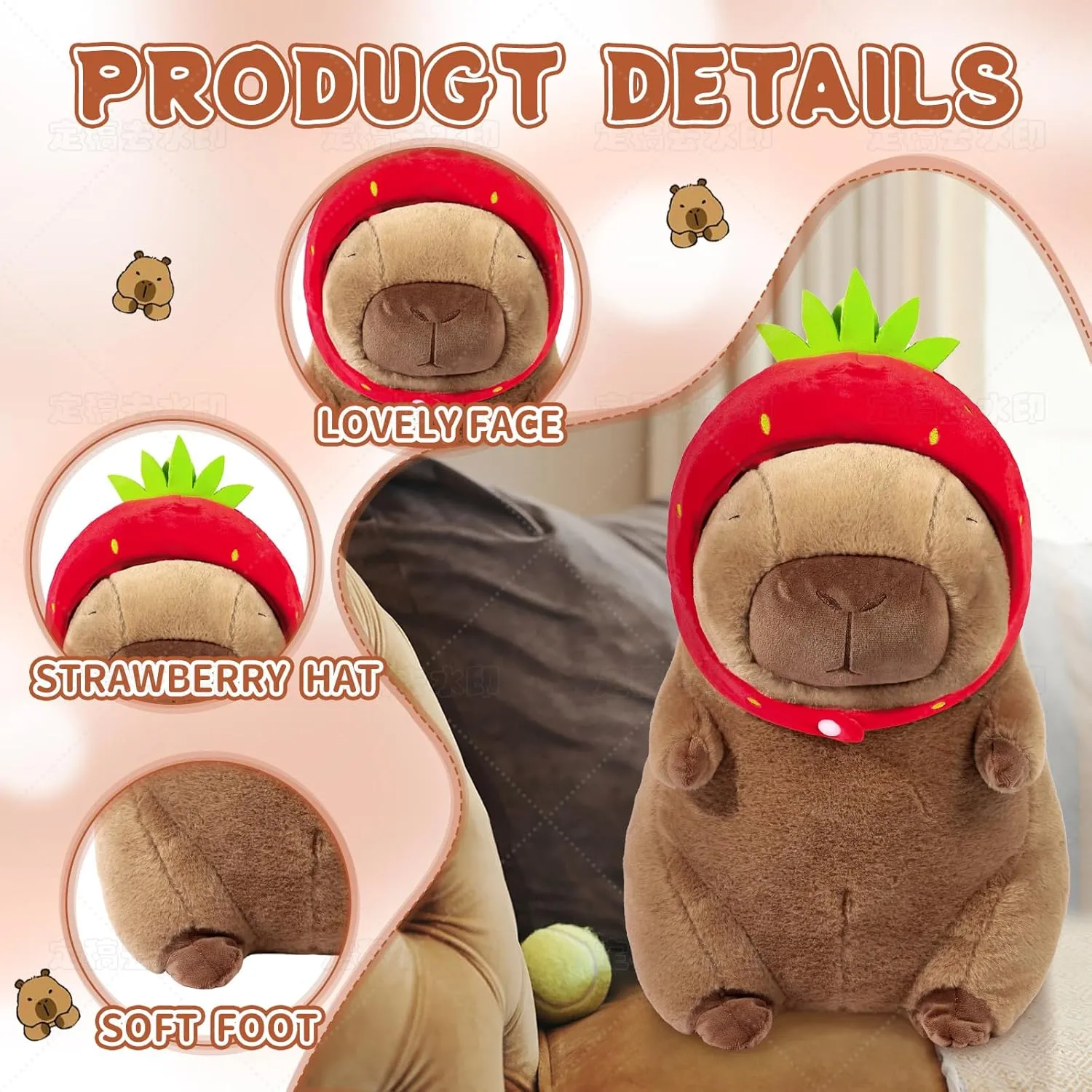Cute Capybara Plush with Strawberry Hat Soft Capybara Stuffed Animals Capybara Hugging Gifts Capybara Doll Pillow for Kids Girls Toys (Strawberry Capybara Brown 11.8 inch)