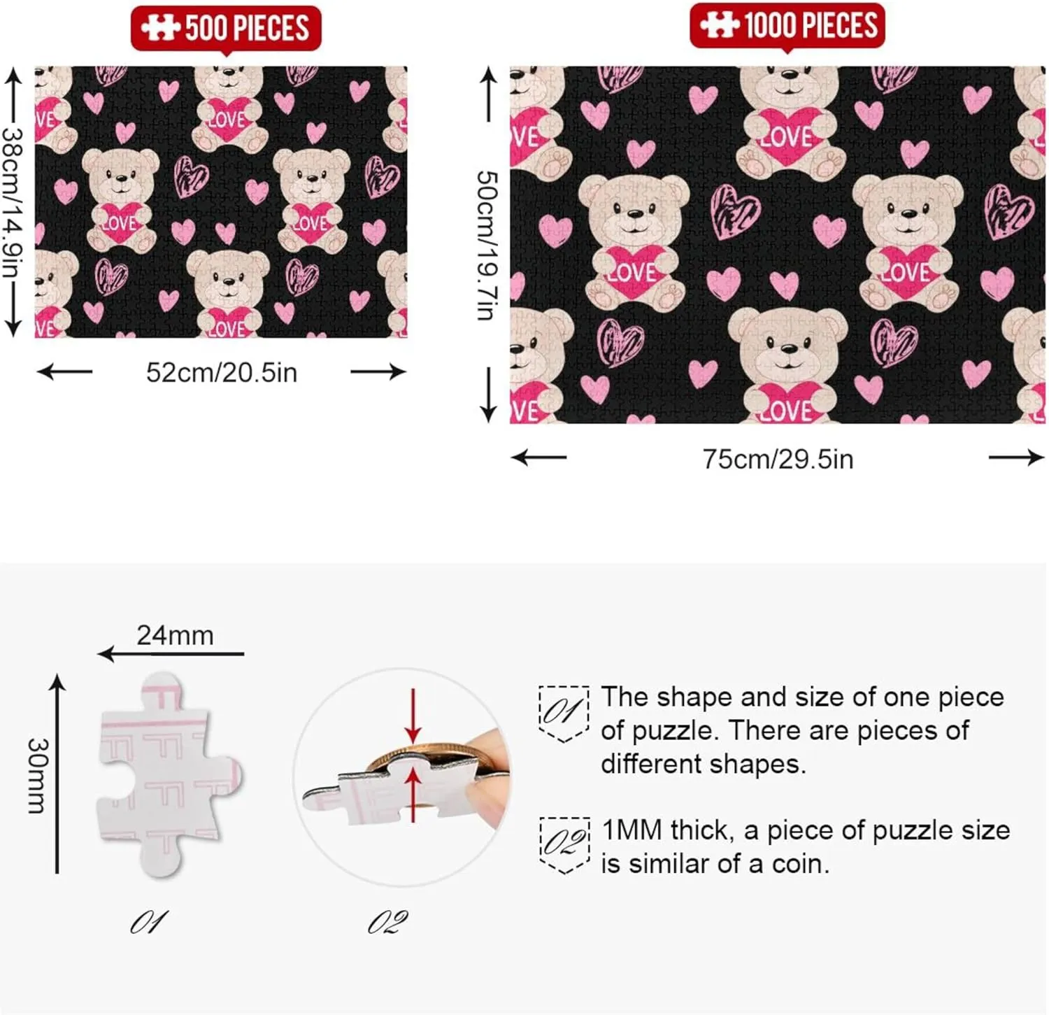 Cute Teddy Bear Pink Heart Black Jigsaw Puzzles Adult 500 Pieces White Elephant Colorful Puzzle Animal Painting Decor, 20.5x14.9 Inch