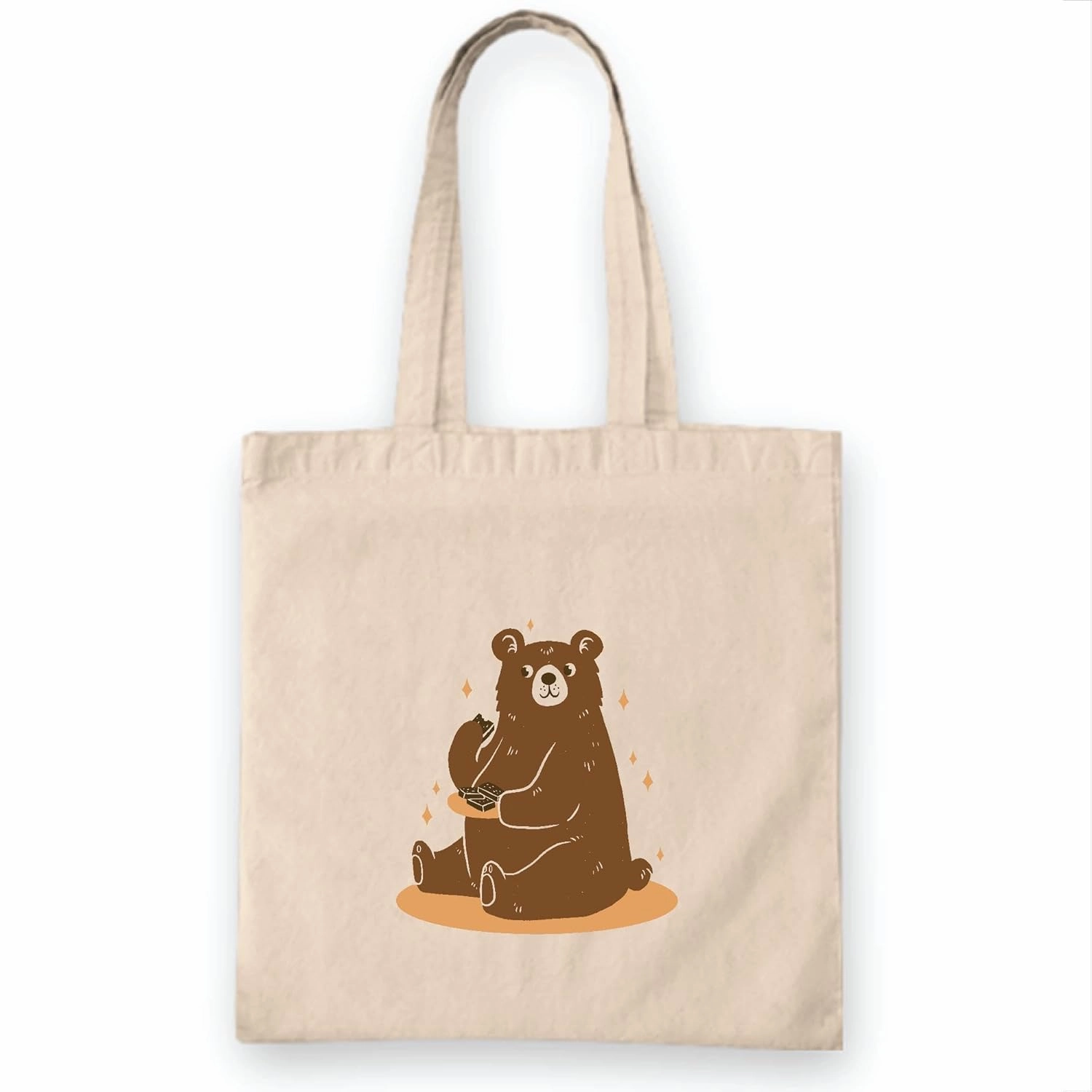 Cute Grizzly Bear Gift for Chocolate Eating Bear Design Natural White Multicolor Canvas Tote Bag