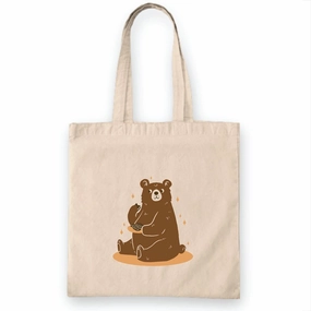 Cute Grizzly Bear Gift for Chocolate Eating Bear Design Natural White Multicolor Canvas Tote Bag