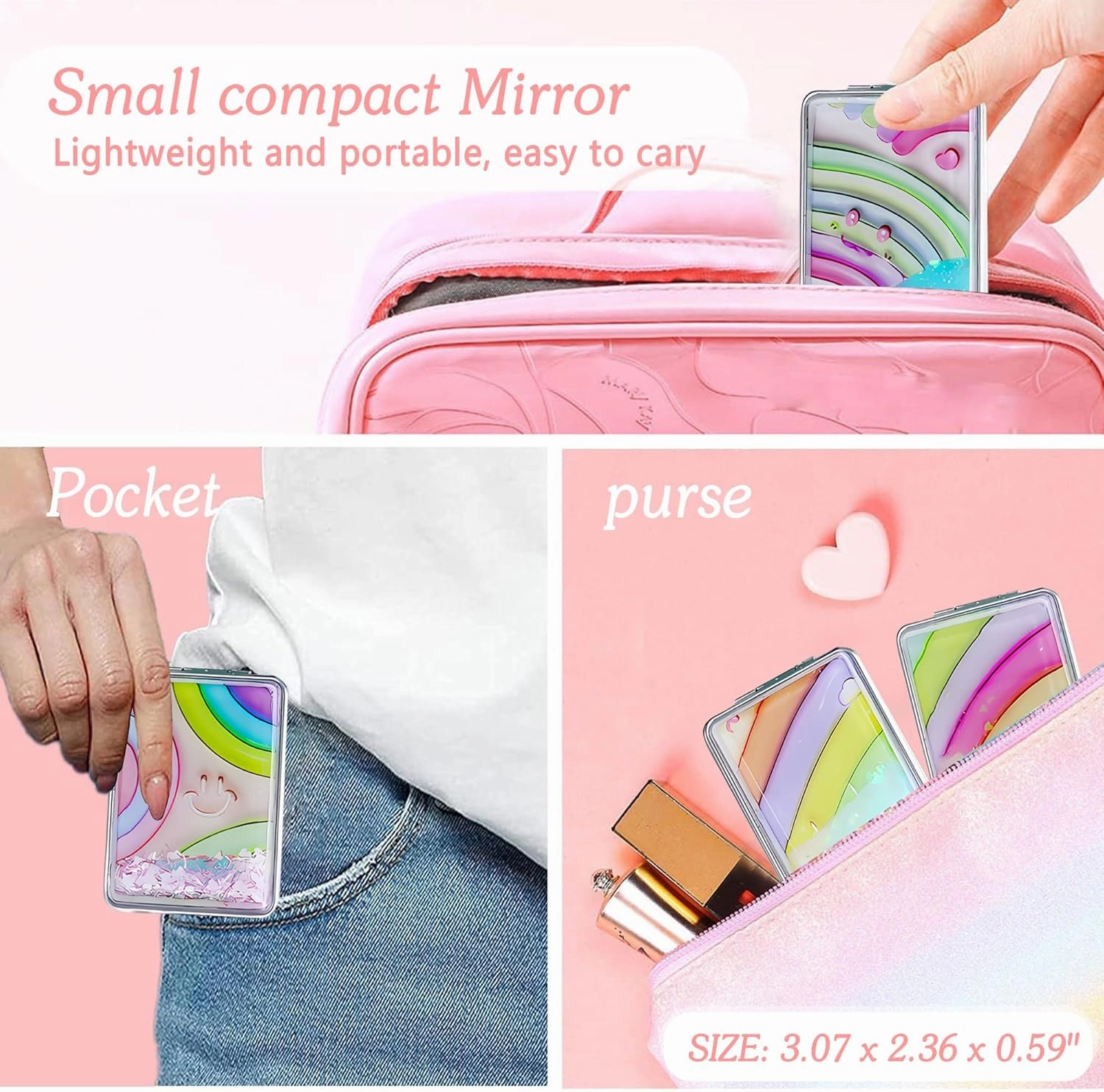 Cute Rainbow 4 Pcs Pocket Mirror Kits for Purse, Quicksand Portable Small Travel Makeup Mirror with 1X/2X Magnifying, Square Foldable PU Leather Cosmetic Mirror for Children and Girls