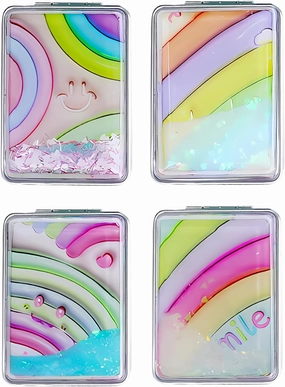 Cute Rainbow 4 Pcs Pocket Mirror Kits for Purse, Quicksand Portable Small Travel Makeup Mirror with 1X/2X Magnifying, Square Foldable PU Leather Cosmetic Mirror for Children and Girls
