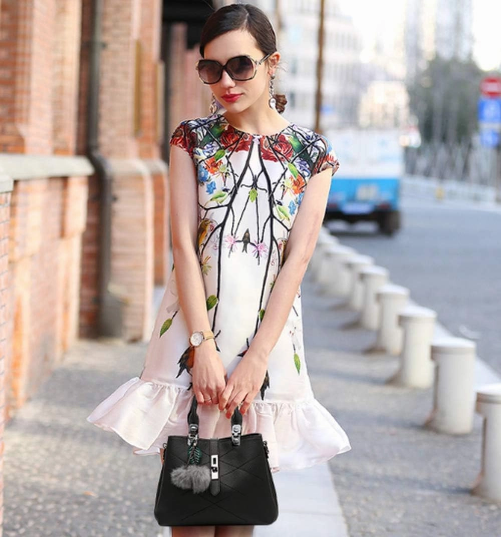 Dayfine Women's PU Small Square Bag Sweet Lady Embroidery Ball Pendant Shoulder Bag