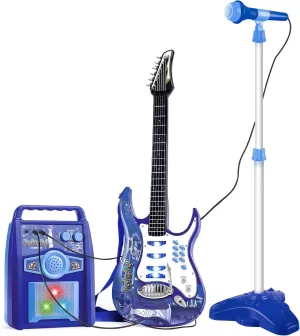 deAO Musical Guitar Play Set,Adjustable Height Microphone,Amplifier Set with Stand,Music Light Karaoke Music Toys Birthday for Kids Boys Girls