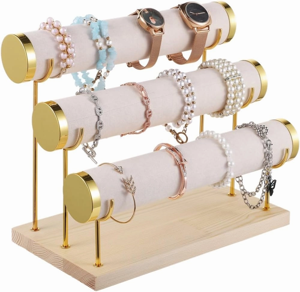 Desktop Jewelry Rack Organizer, Detachable 3-Tier Bracelet Holder, Velvet Jewelry Holder with Wooden Base, Jewelry Holder for Bangles, Watches, Necklaces, Bracelet Display Stand