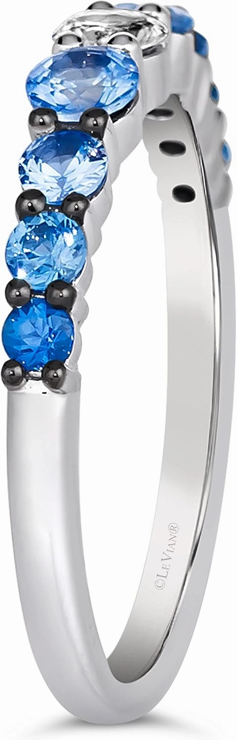 Diamond with White and Blue Sapphire Classic Stackable Band Ring or Earrings for Women in 14k White Gold Promise Anniversary Ring Size 5 to 10 by LeVian